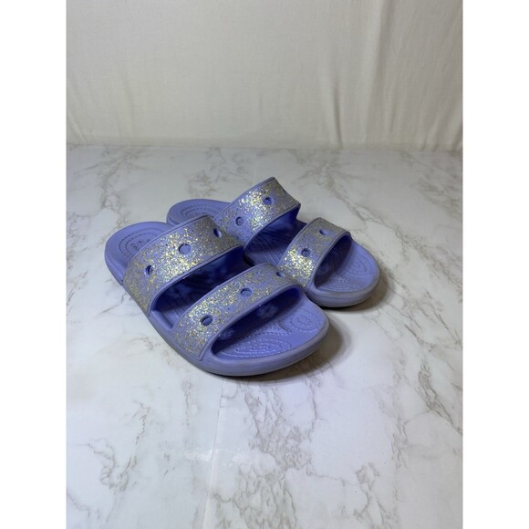 Crocs Iconic Comfort J2 Glitter Double Strap Slides Light Purple Sandals Unisex - Picture 1 of 6